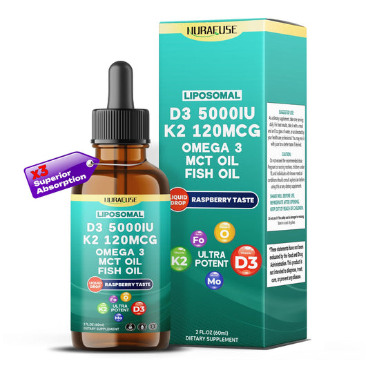 NURAFUSE Liposomal D3-K2-Omega Drops raspberry bottle 2 oz (60 ml) on white background