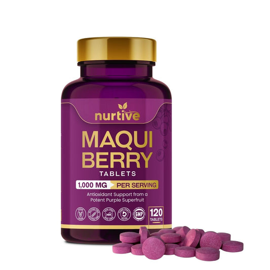Front view of NURTIVE Maqui Berry Tablets bottle with 120 tablets