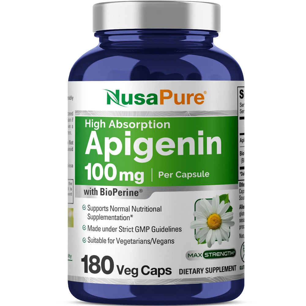 Product bottle showing NusaPure Apigenin 100 mg Bioperine veggie capsules