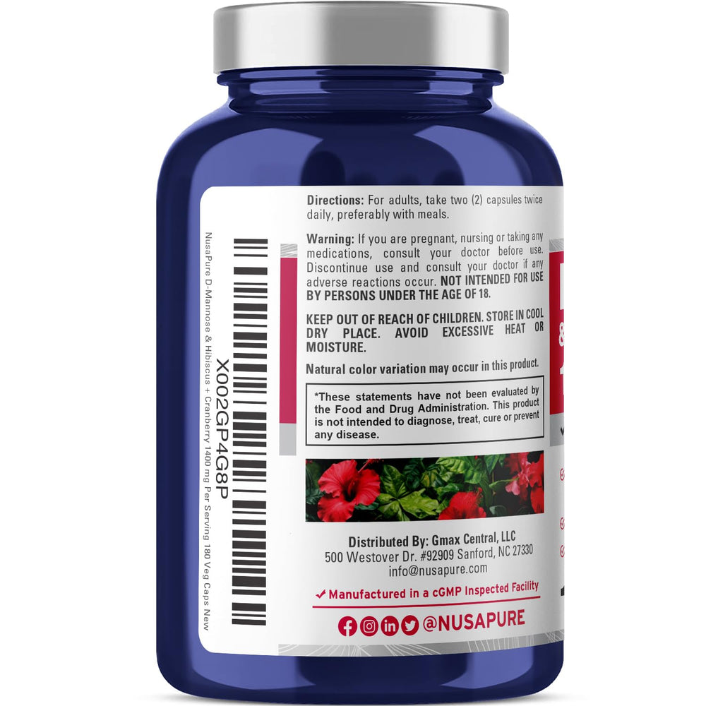 Graphic showing Hibiscus and Cranberry ingredients with Organic D-Mannose