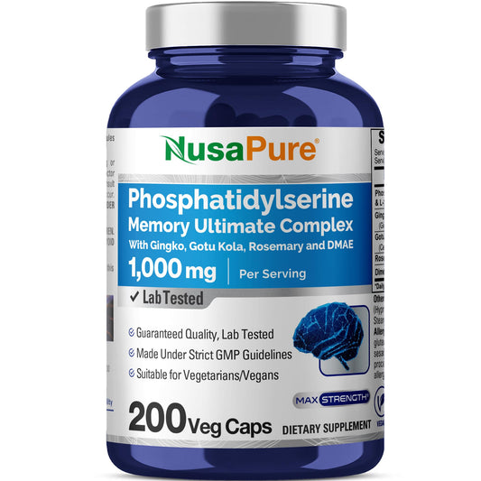 Bottle of NusaPure Phosphatidylserine Memory Ultimate Complex 1000mg 200 vegan capsules