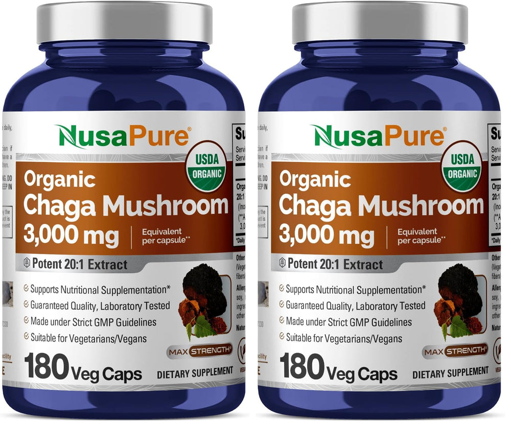 NusaPure Chaga 20:1 extract bottle with 180 capsules pack of 2