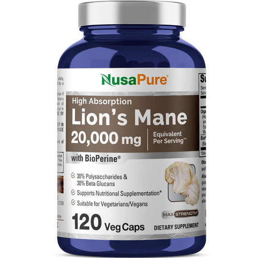 NusaPure Lion's Mane 20:1 Extract bottle with 120 veggie capsules (hero image)