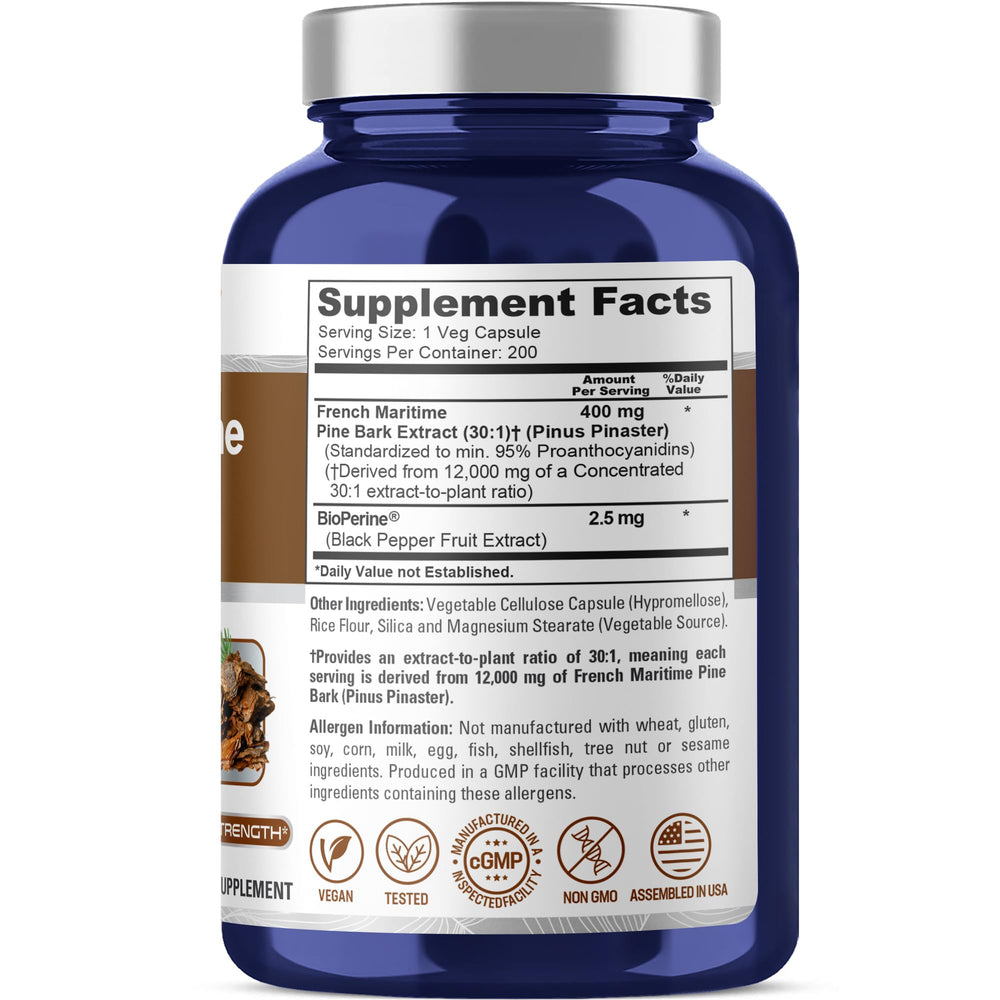 Vegan and Non-GMO labels on pine bark bottle