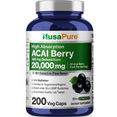 Bottle of NusaPure Acai Berry 50:1 Extract capsules on white background