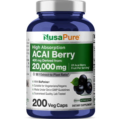 Bottle of NusaPure Acai Berry 50:1 Extract capsules on white background