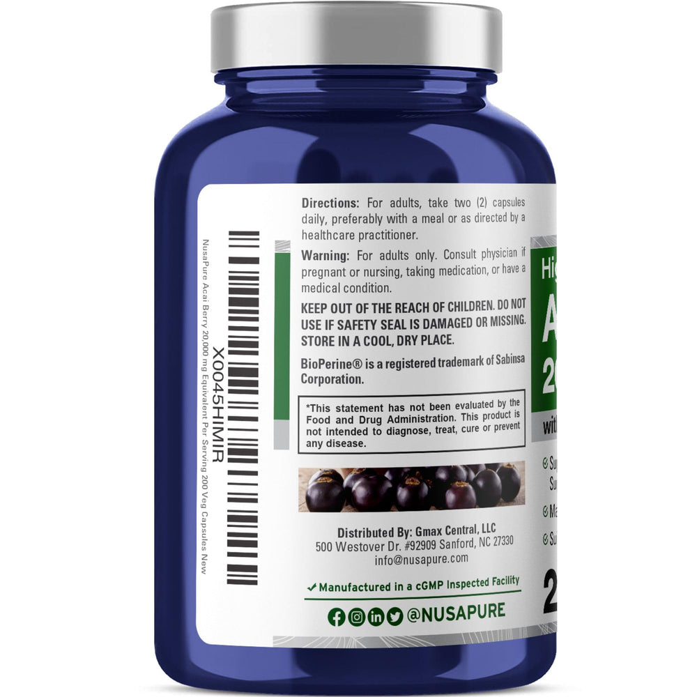 Label highlights 50:1 Acai Berry extract and Bioperine