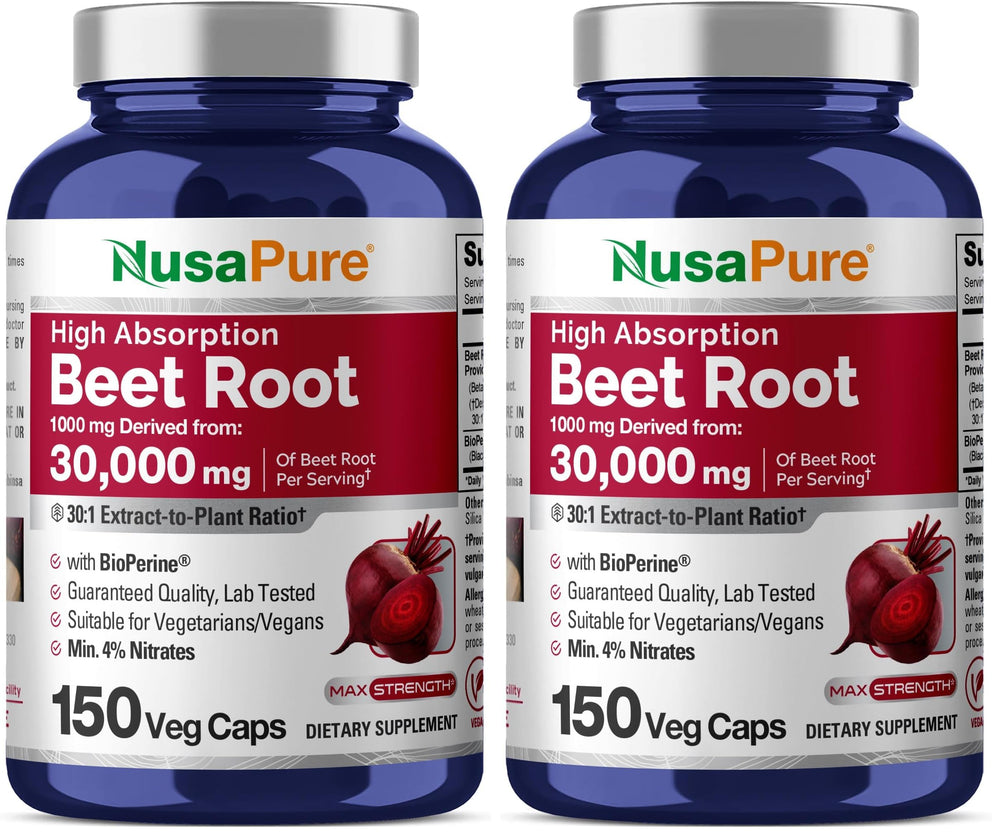 NusaPure Beet Root 30:1 extract bottle label highlights high potency and vegan formula.