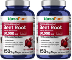 NusaPure Beet Root 30:1 extract bottle label highlights high potency and vegan formula.