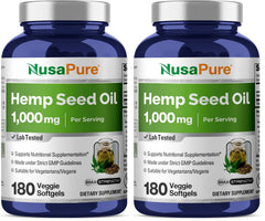 NusaPure hemp oil capsules bottle front for daily vegan wellness.