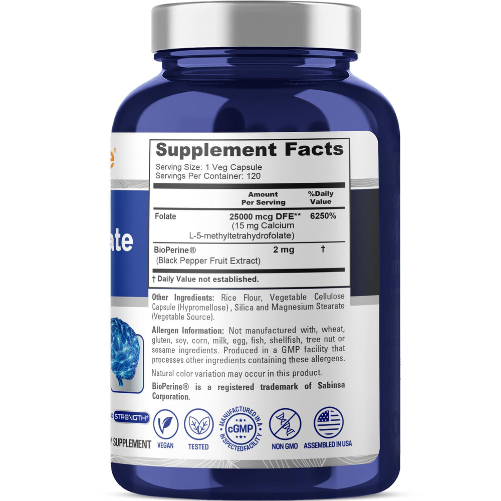 Close-up of L-Methylfolate 15mg and Bioperine wording on label
