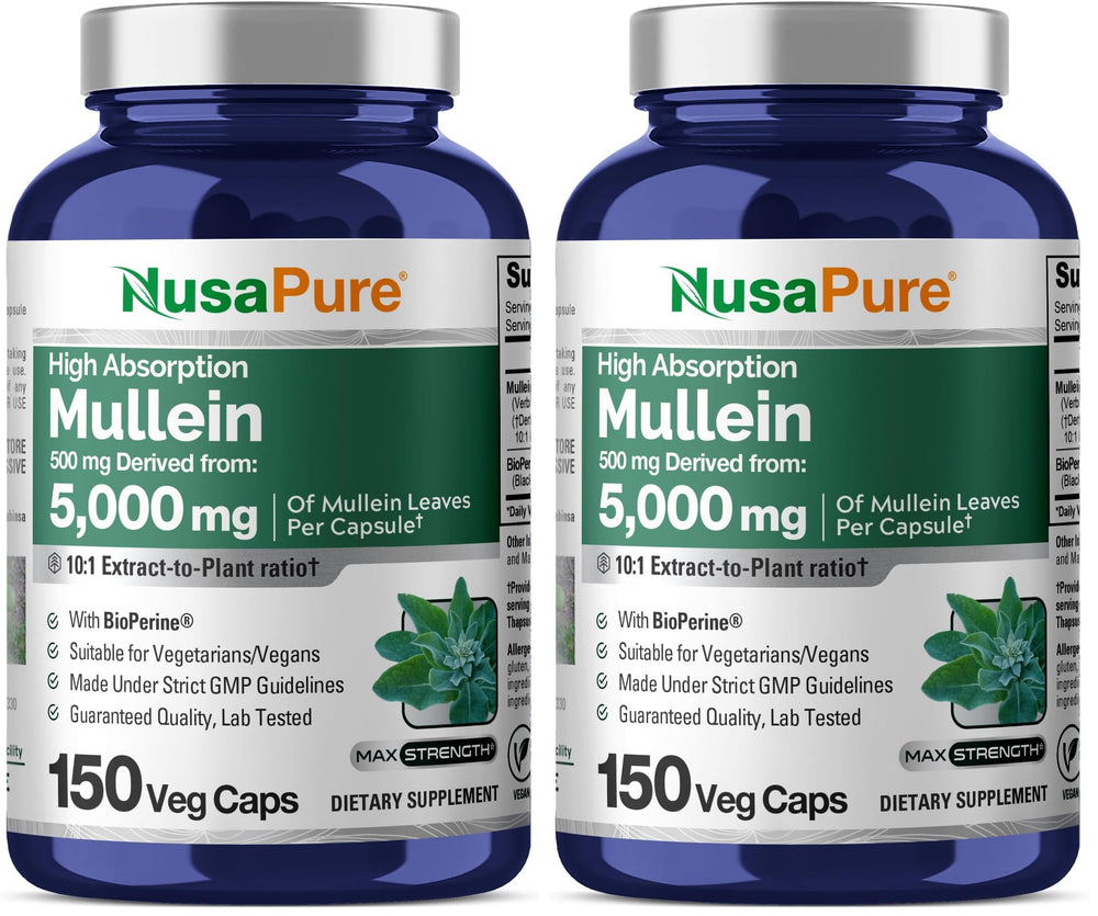 Front view of NusaPure Mullein Leaf Capsules 150-count Pack of 2