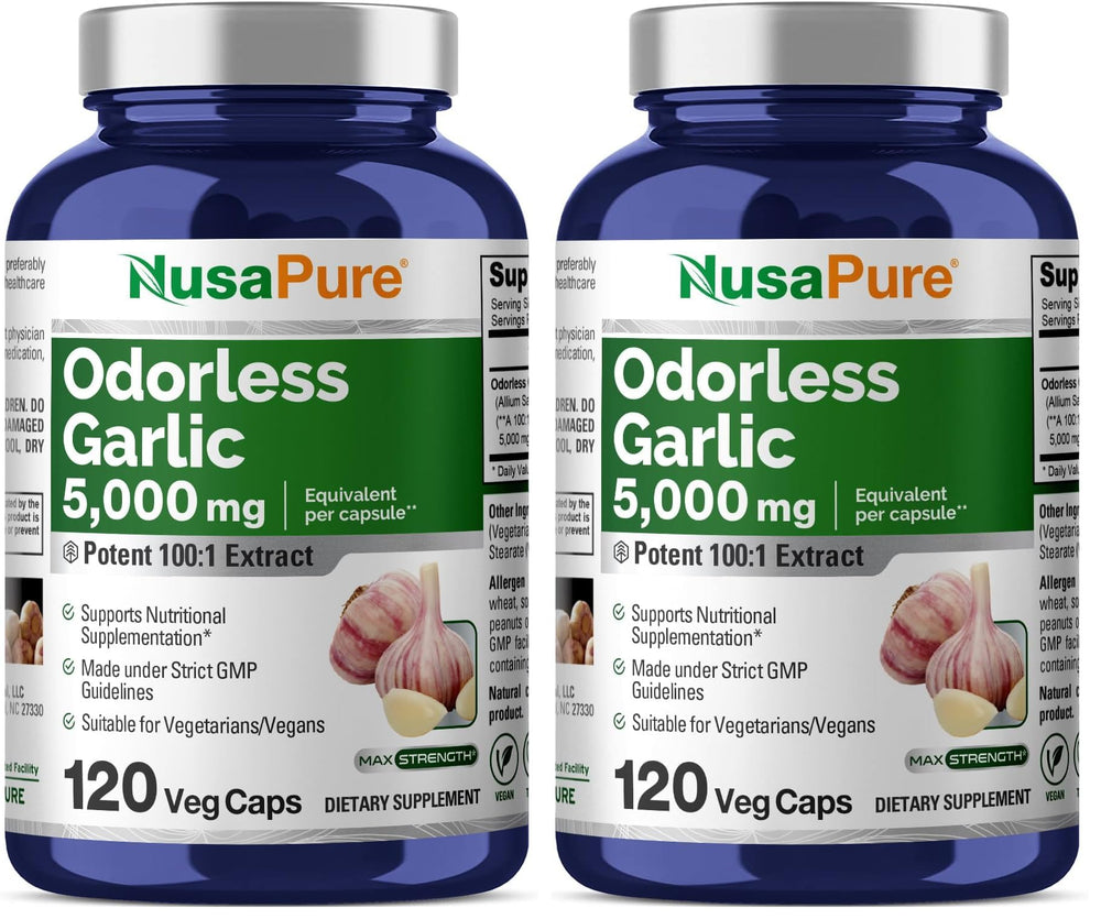Bottle of NusaPure Odorless Garlic 100:1 Extract capsules