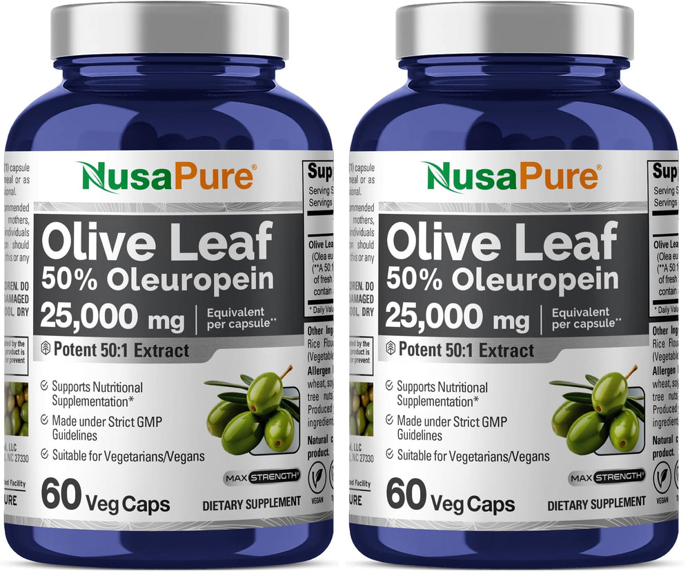 NusaPure Olive Leaf 50:1 Extract bottle showing 60 capsules, 500 mg per capsule