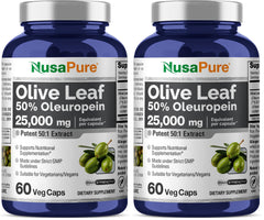 NusaPure Olive Leaf 50:1 Extract bottle showing 60 capsules, 500 mg per capsule