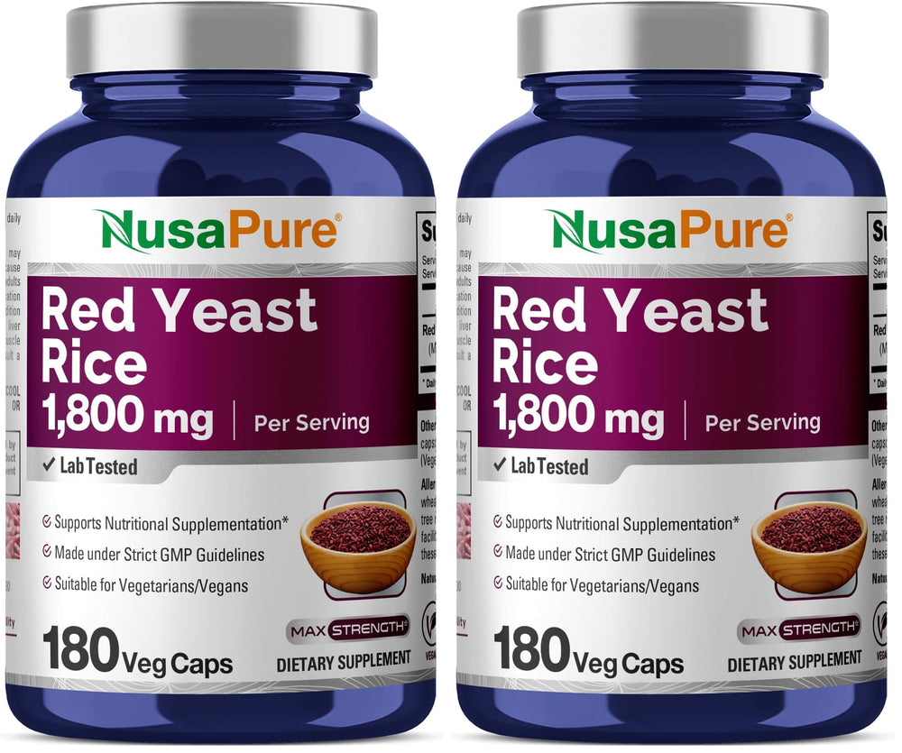 NusaPure Red Yeast Rice 1800mg 180 Veggie Capsules bottle – Pack of 2
