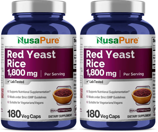 NusaPure Red Yeast Rice 1800mg 180 Veggie Capsules bottle – Pack of 2