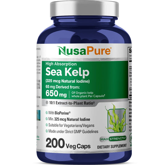 NusaPure Sea Kelp Iodine bottle label showing 325mcg per capsule