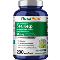 NusaPure Sea Kelp Iodine bottle label showing 325mcg per capsule