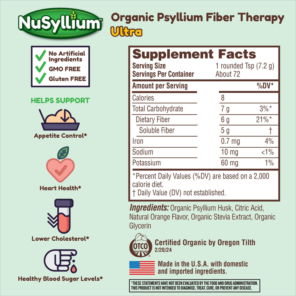 Close-up of Organic Psyllium per dose label