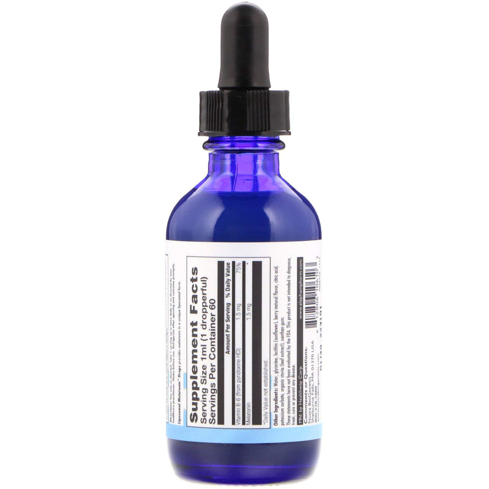 Close-up of Liposomal Melatonin liquid tincture dropper releasing droplets