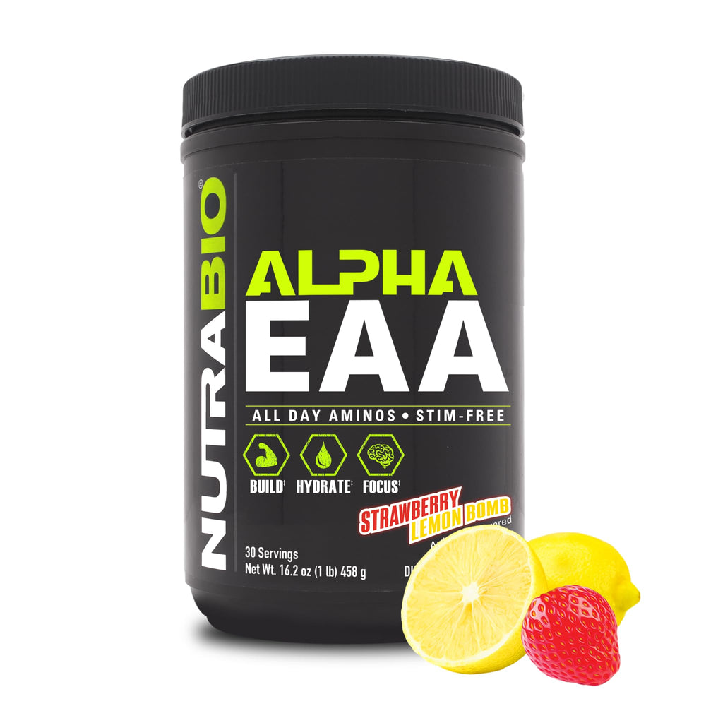 NutraBio Alpha EAA bottle front for post-workout recovery fueling