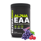 Front label of NutraBio Alpha EAA in Grape Berry Crush flavor