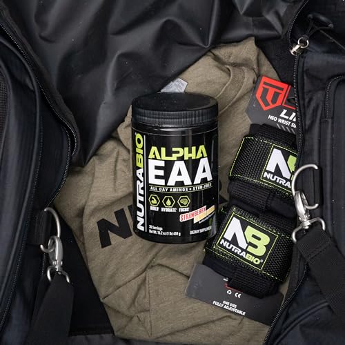 NutraBio Alpha EAA on a workout desk with hydration gear