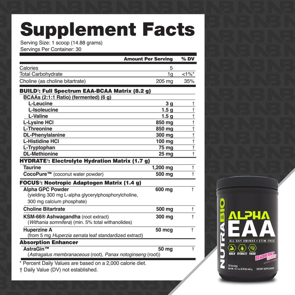NutraBio Alpha EAA scoop in glass for convenient workouts and recovery.