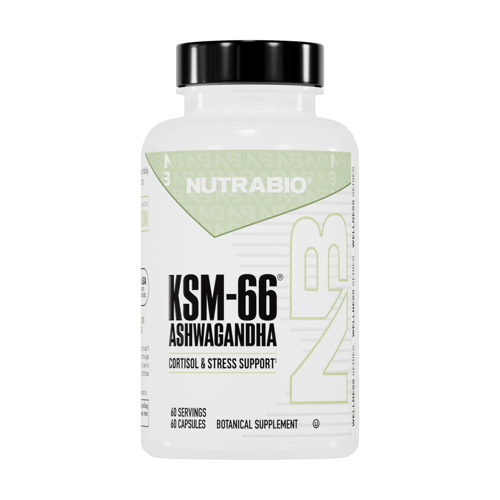 NutraBio Ashwagandha KSM-66 bottle label with 60 capsules