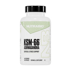 NutraBio Ashwagandha KSM-66 bottle label with 60 capsules