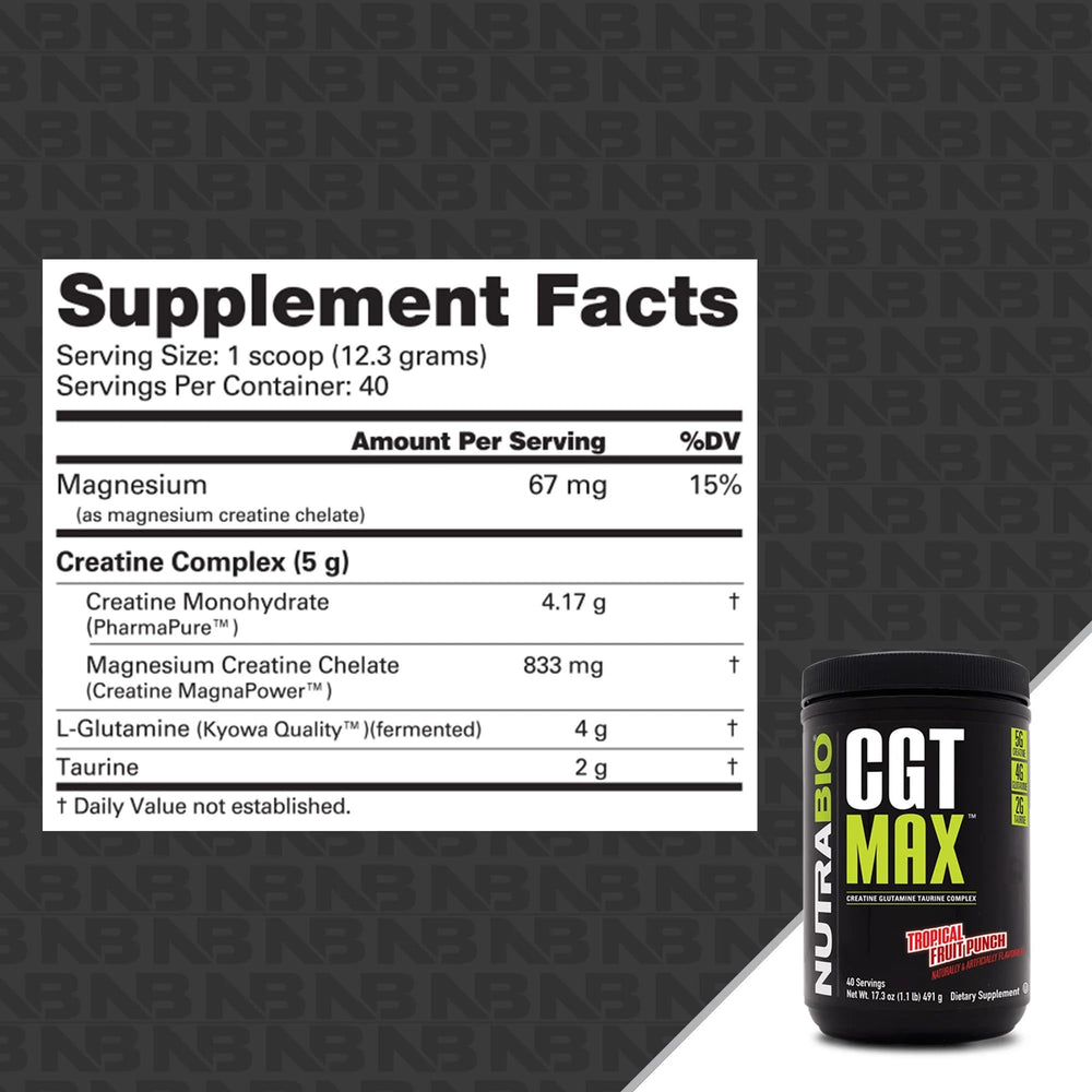 CGT-MAX Powder Tropical Fruit Punch scoop next to bottle