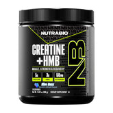 NutraBio Creatine + HMB powder container with Blue Razz flavor label