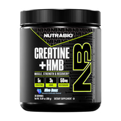 NutraBio Creatine + HMB powder container with Blue Razz flavor label
