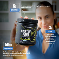 NutraBio Creatine + HMB jar and measuring scoop on a gym bench.