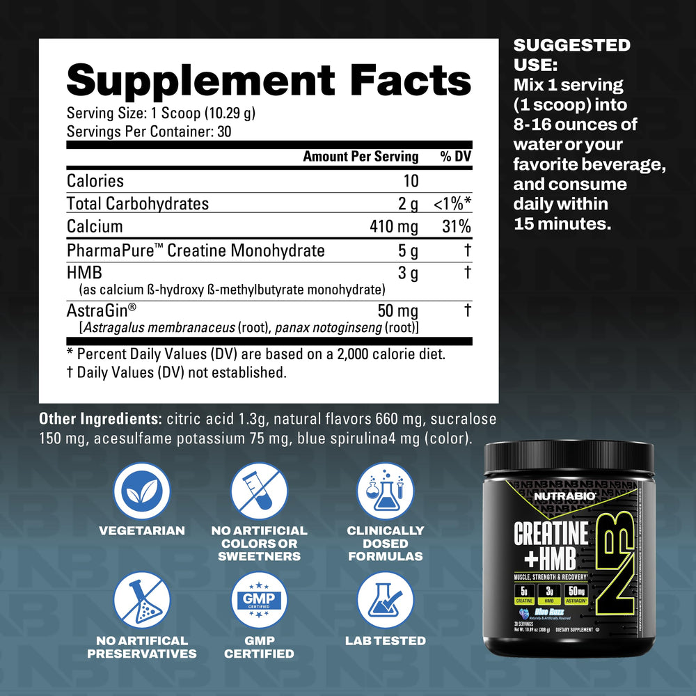 NutraBio Creatine + HMB bottle with lid and label in bright blue packaging.