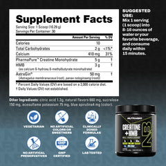 NutraBio Creatine + HMB bottle with lid and label in bright blue packaging.