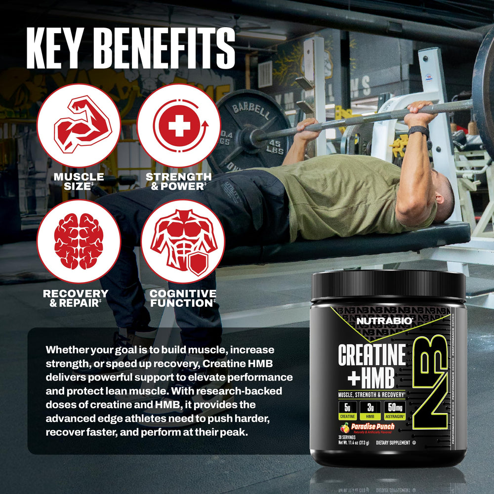 NutraBio Creatine + HMB powder back label with dosage and ingredients for absorption.