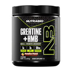NutraBio Creatine + HMB powder front of tub showing 30 servings for muscle support.