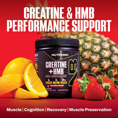 NutraBio Creatine + HMB powder ingredients panel highlighting 5 g creatine and 3 g HMB.