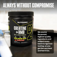NutraBio Creatine + HMB Paradise Punch bottle close-up showing flavor profile.