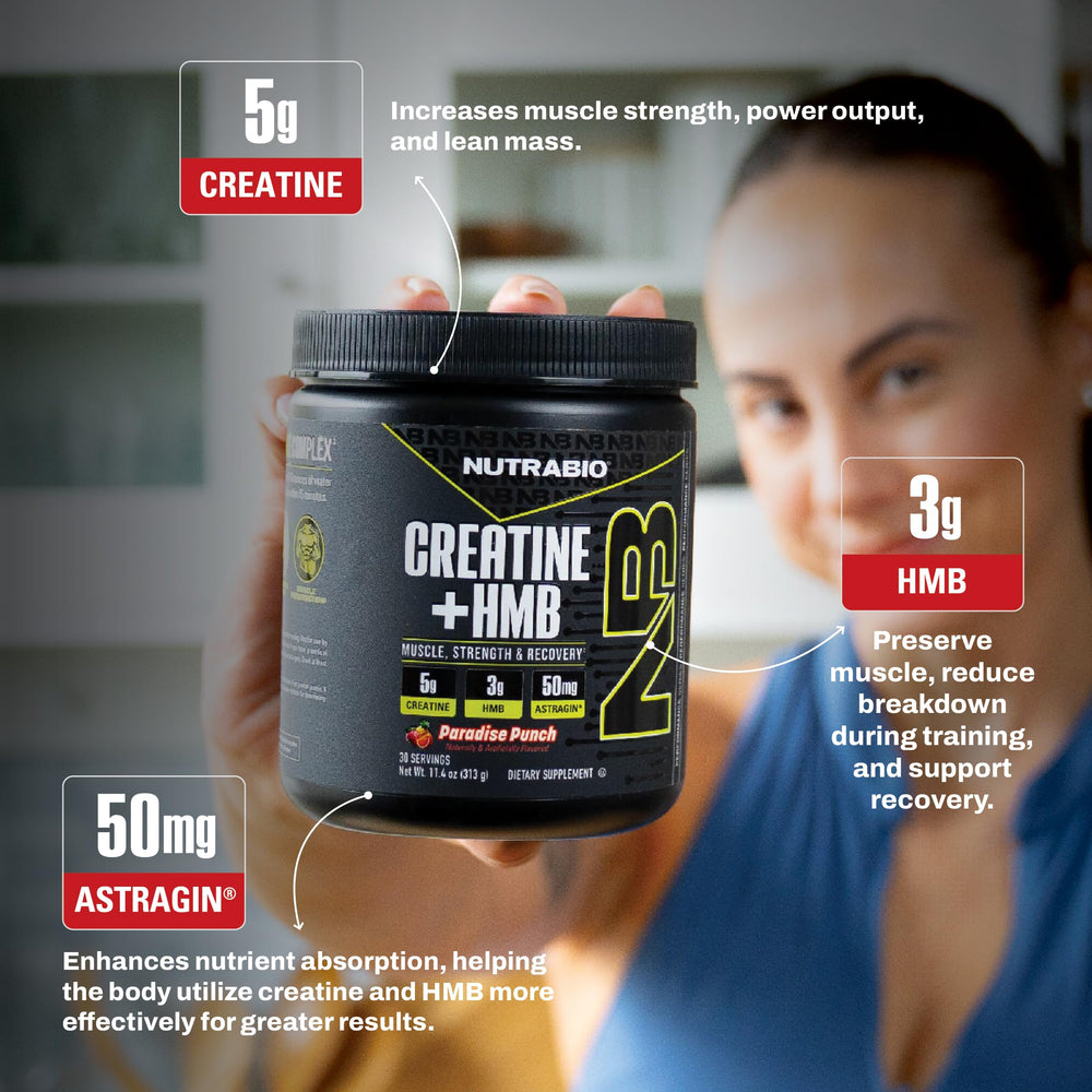 NutraBio Creatine + HMB powder being stirred for easy daily use in water.