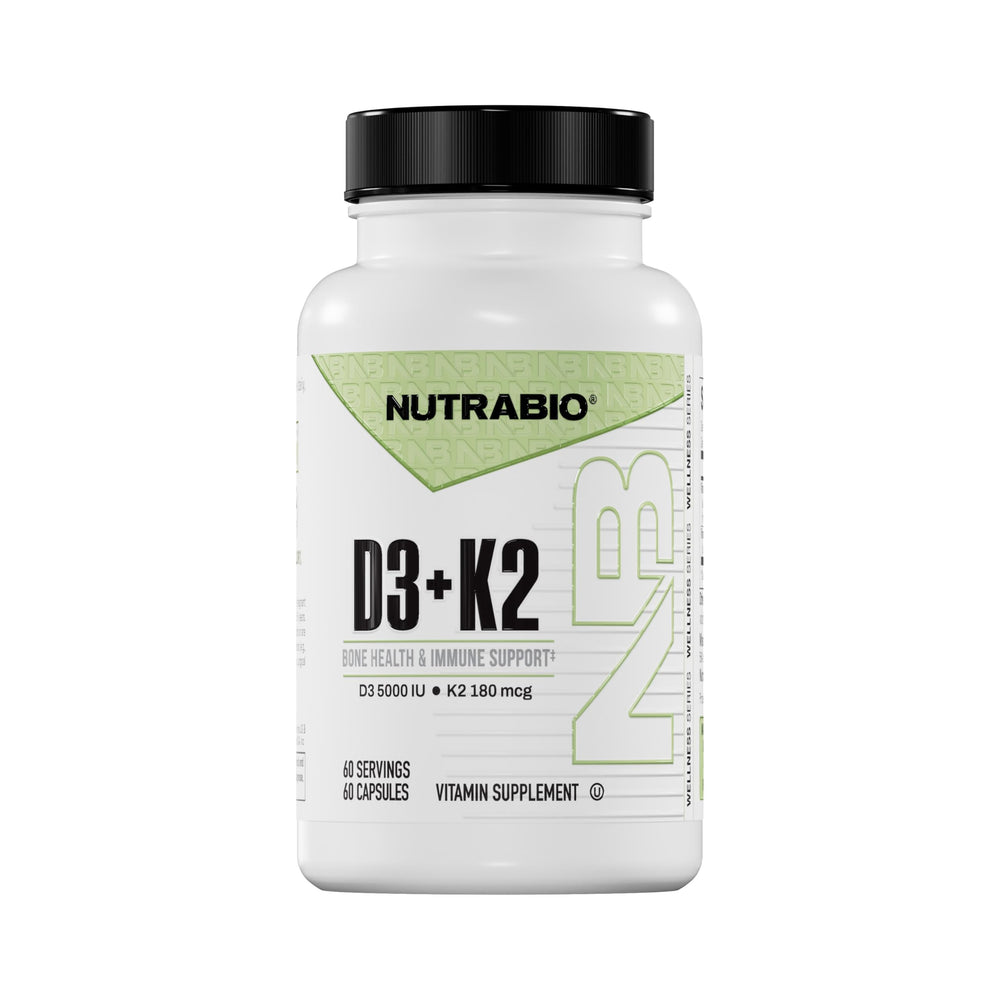 NutraBio D3 K2 5000 IU bottle label with 60 capsules