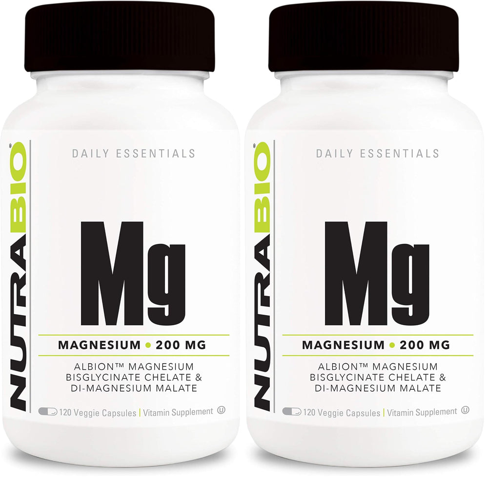 Front view of NutraBio Magnesium Glycinate + D-Magnesium Malate capsules bottle