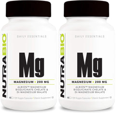 Front view of NutraBio Magnesium Glycinate + D-Magnesium Malate capsules bottle