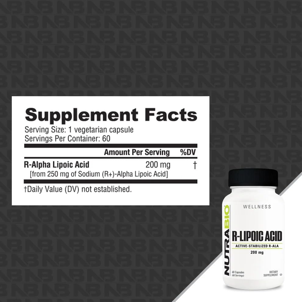 R-ALA 200mg capsules beside bottle
