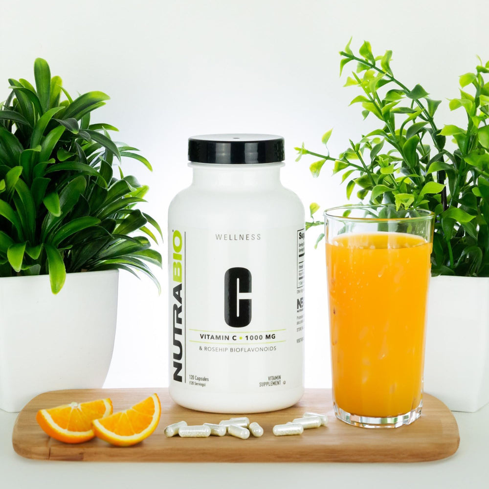 Label close-up of NutraBio Vitamin C with Rose Hips
