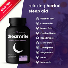 Calm nightstand scene with NutraChamps sleep aid beside a glass of water