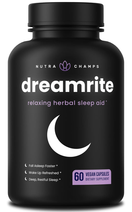 NutraChamps 10-in-1 Sleep Aid bottle and capsules on a white background