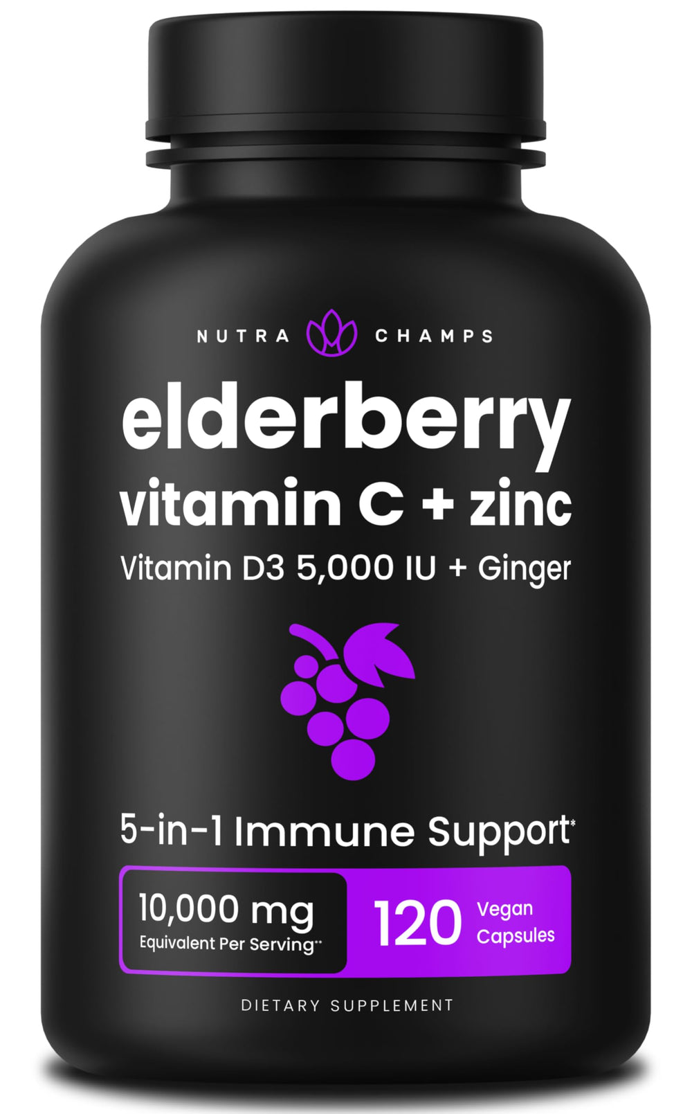 NutraChamps Elderberry 5-in-1 immunity supplement bottle – front view